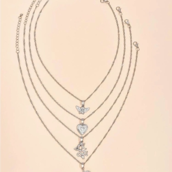 Silver 3/$30 Rose Angel Heart & Snake Charm 4pc Necklace Set - Picture 2 of 3